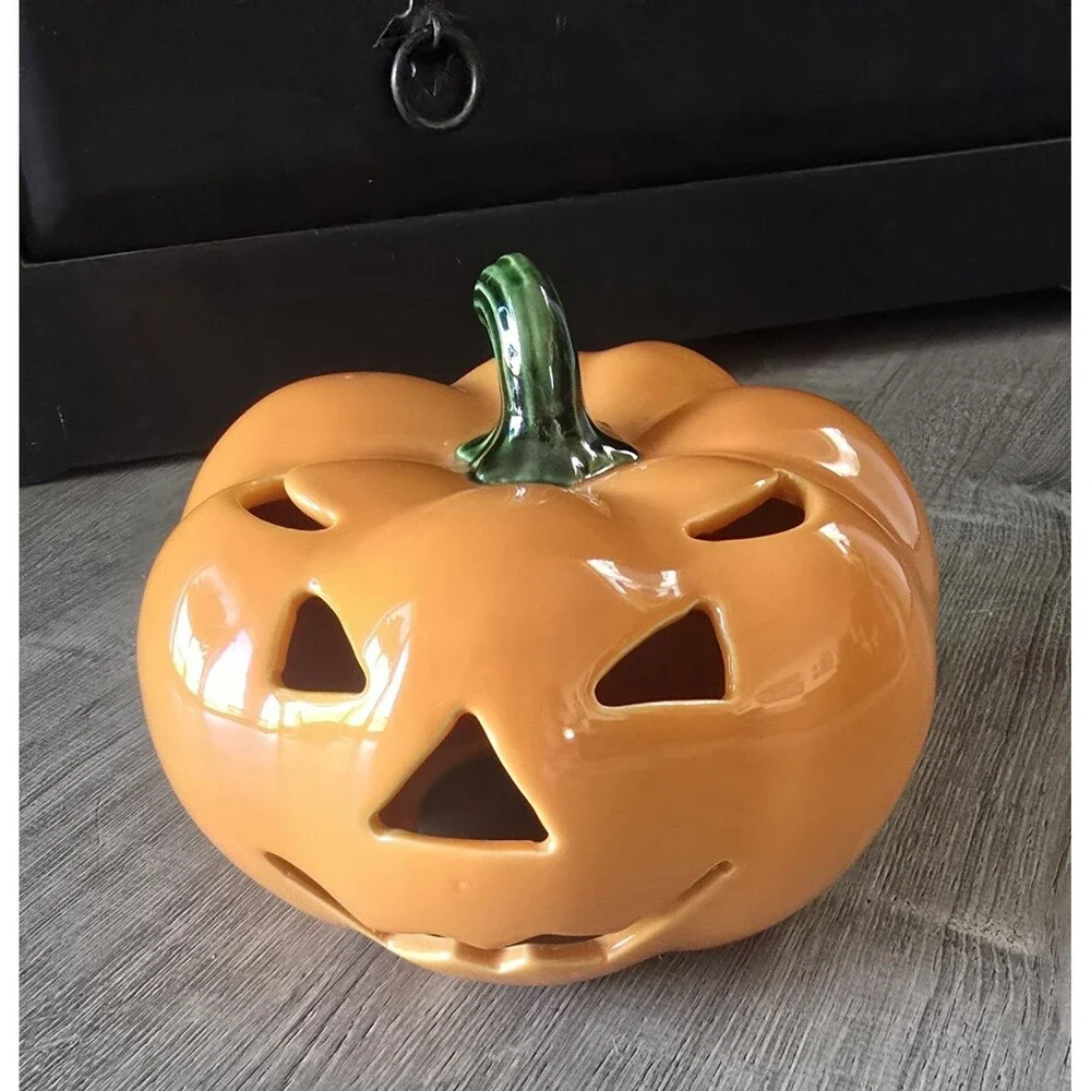 Halloween Jack - O - Lantern Ceramic Rare  Squatty Pumpkin Shape Decor